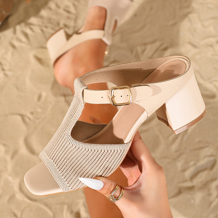 Mira – Knit Peep Toe Block Heel Mules