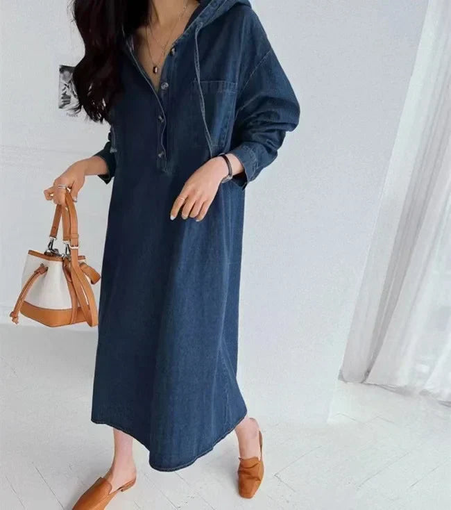 Nora Haven – Long Sleeve Denim Hoodie Dress