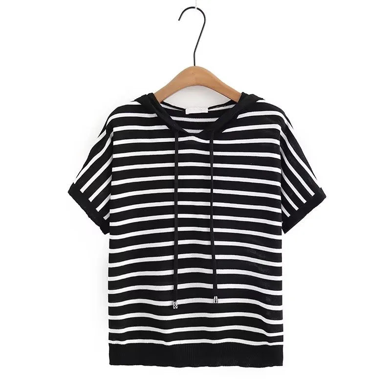 Lina-Plus Size Soft Knit Striped Hoodie Tee