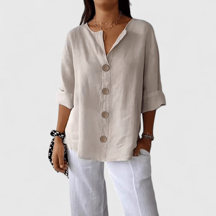 Elena-Linen-Blend Button Blouse