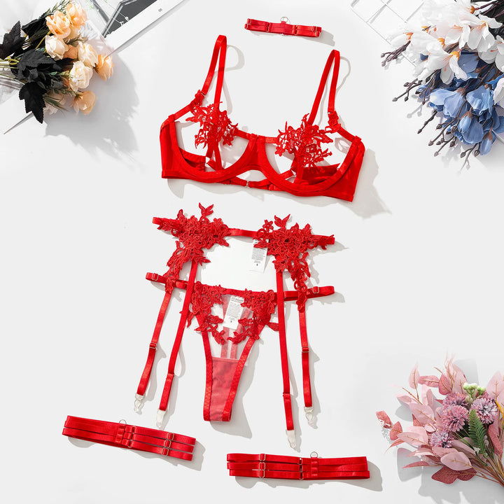 Naya - Sheer Hollow Binding 3-Piece Lingerie Set
