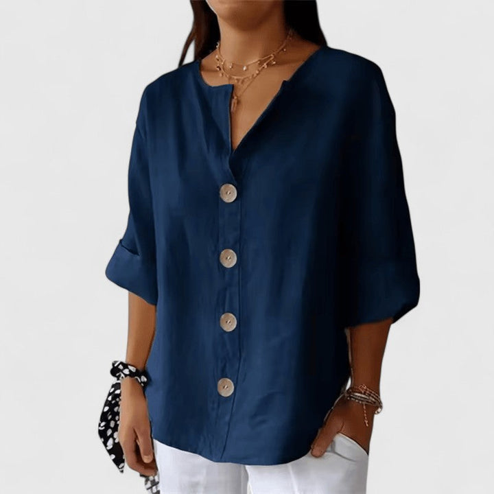 Elena-Linen-Blend Button Blouse