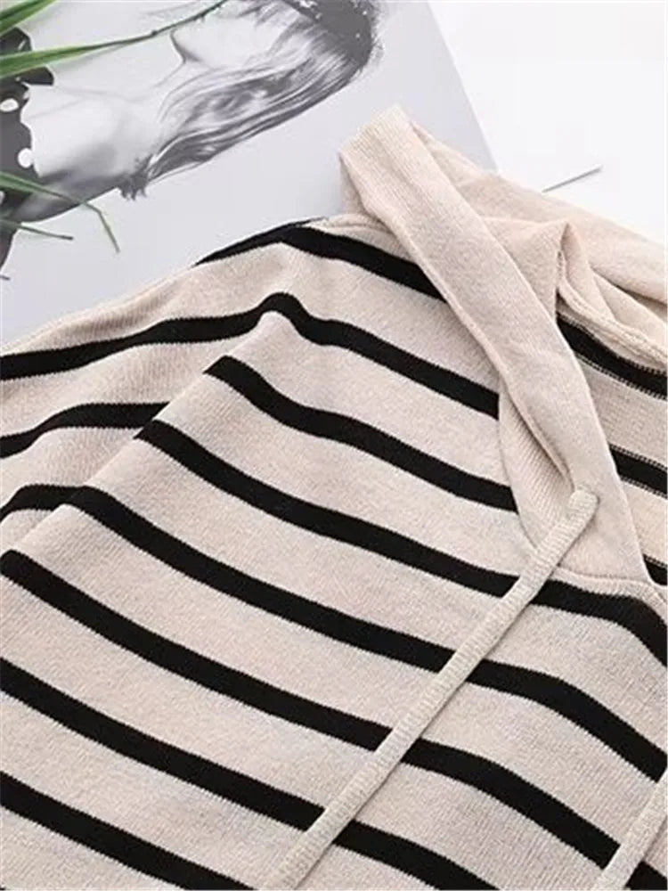 Lina-Plus Size Soft Knit Striped Hoodie Tee