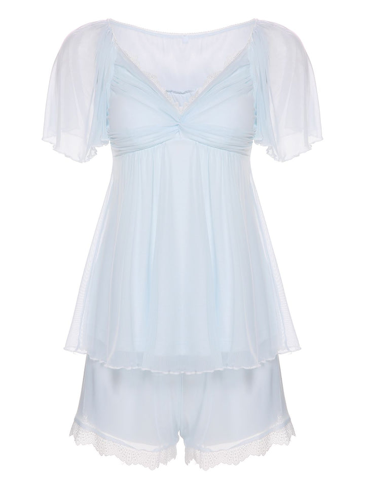 2PCS Light Blue 1940s Knot Lace Sleepwear