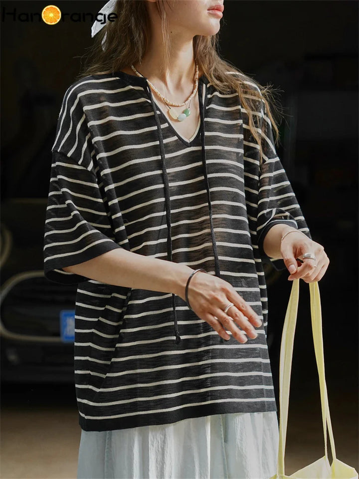 Nora-Striped Relaxed Hoodie Tee