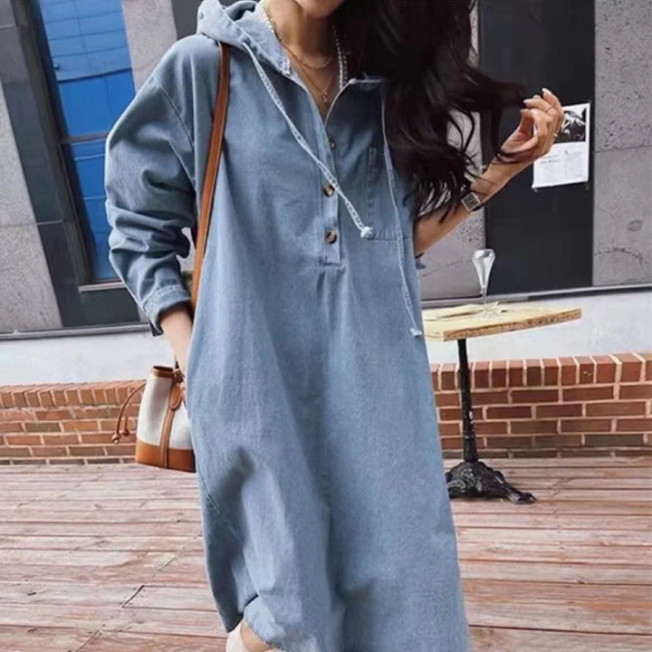 Nora Haven – Long Sleeve Denim Hoodie Dress