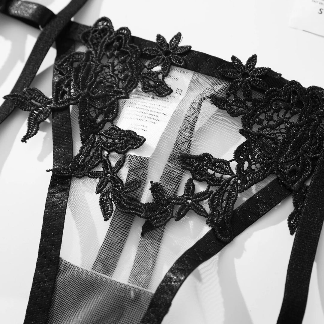 Naya - Sheer Hollow Binding 3-Piece Lingerie Set