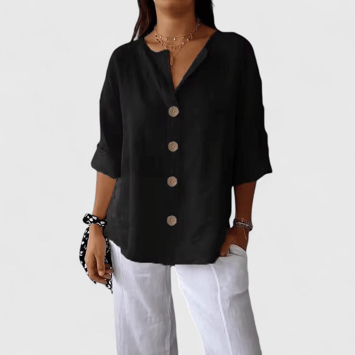 Elena-Linen-Blend Button Blouse