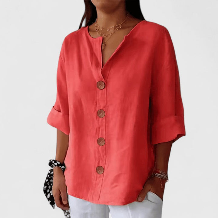 Elena-Linen-Blend Button Blouse