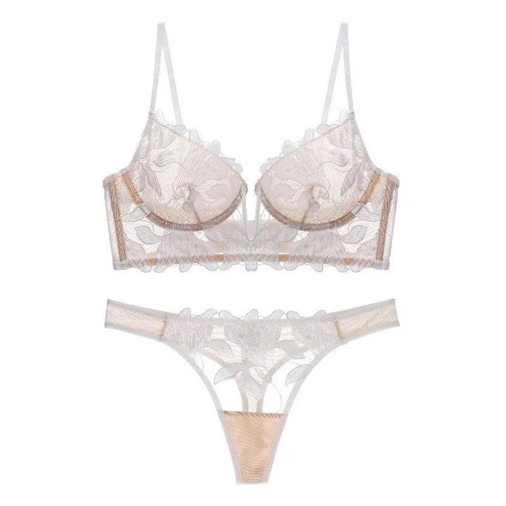 Darcy - Lace Embroidery Deep V Bra And Panty Set