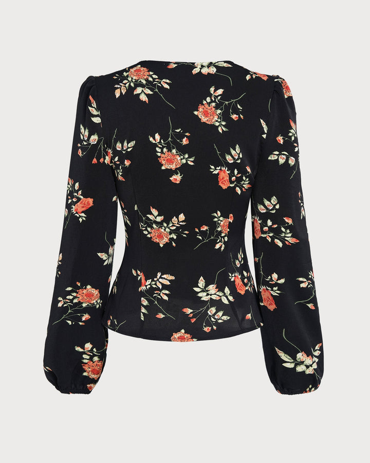 Black V Neck Floral Blouse