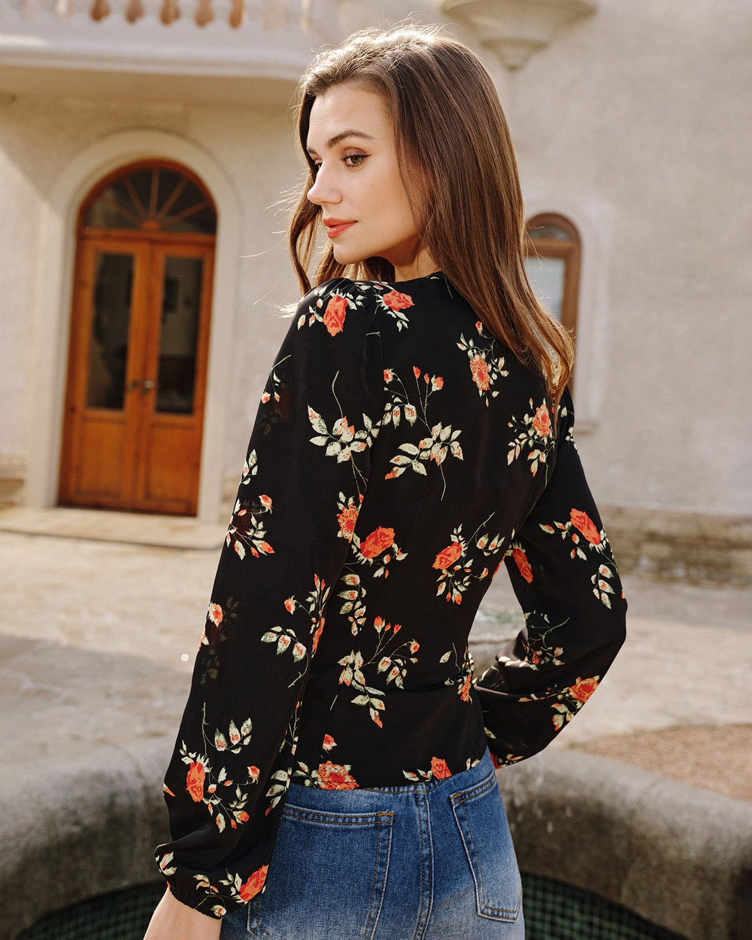 Black V Neck Floral Blouse