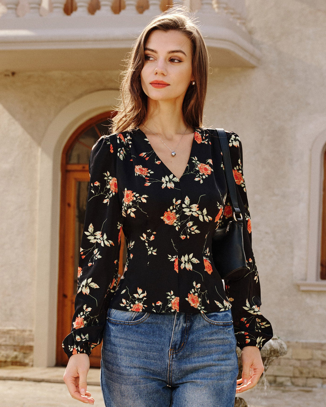 Black V Neck Floral Blouse